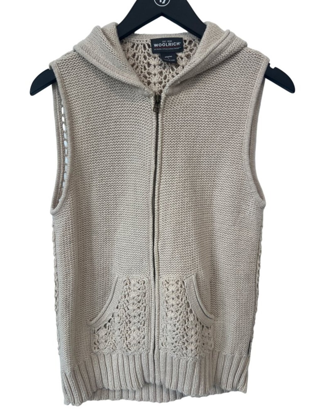 Woolrich Hooded Vest Large Sleeveless Pockets Beige Crochet Neutral Cozy Knit